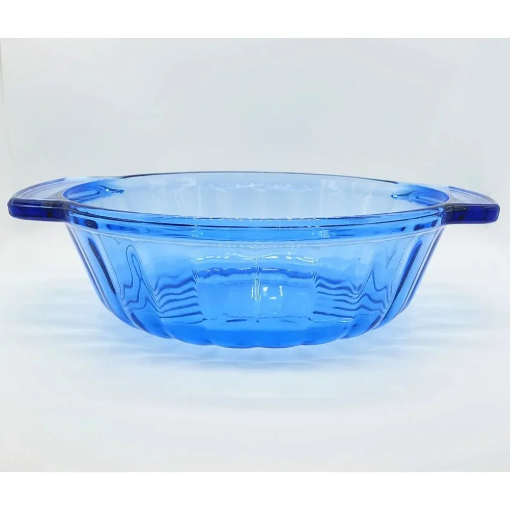 Vintage Anchor Hocking 1.5Qt Blue Fluted Round Casserole Dish with Handles